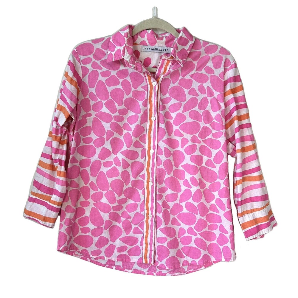 Gretchen Scott Small Button Up Blouse Top Pink Colorful 3/4 Sleeve